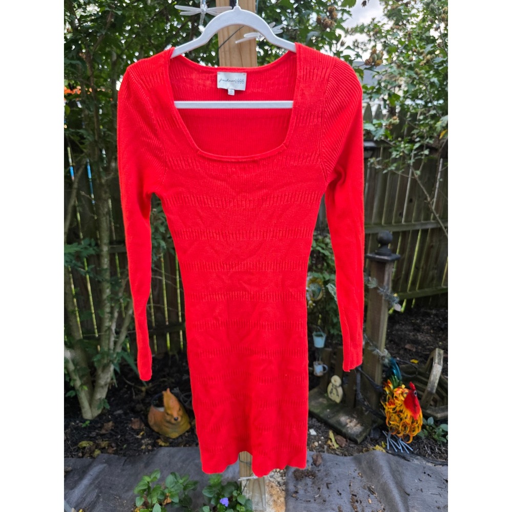 Freshman 1996 Red Ribbed Square Neck Long Sleeve Bodycon Sweater Dress Large